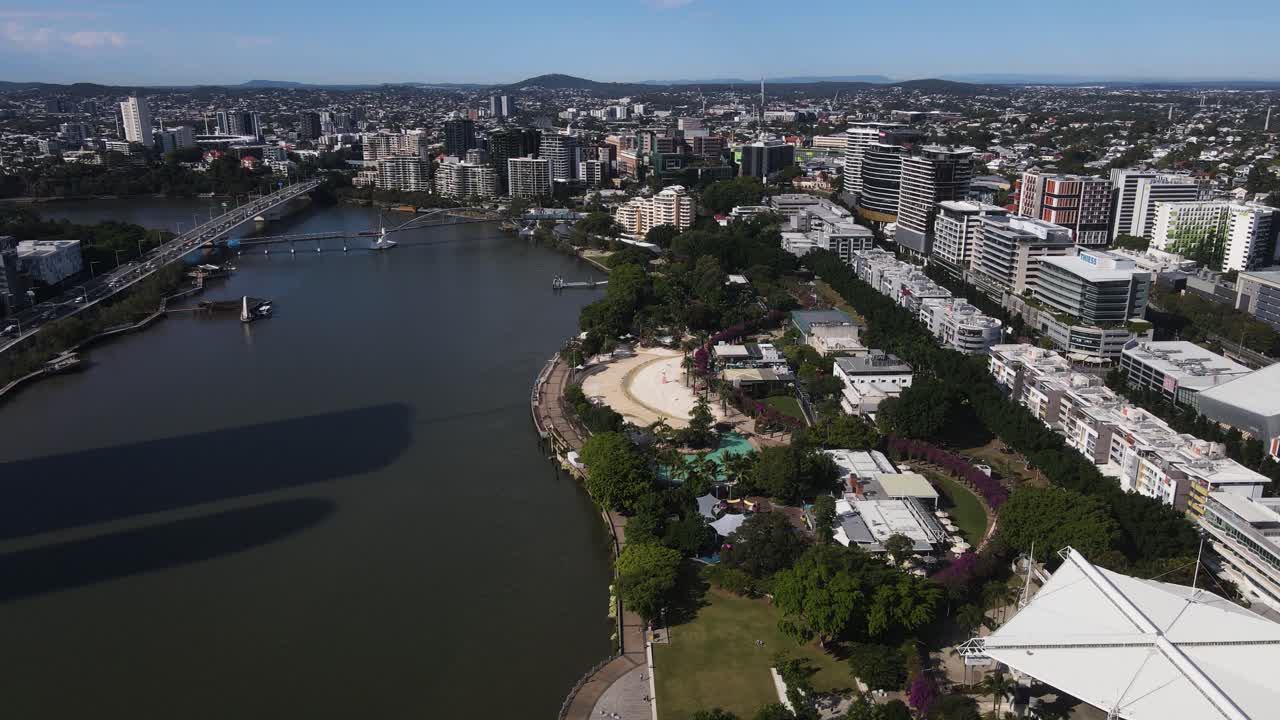 Aerial view of the popular tourist destination South Bank on the Brisbane River. Queensland Brisbane City Australia.