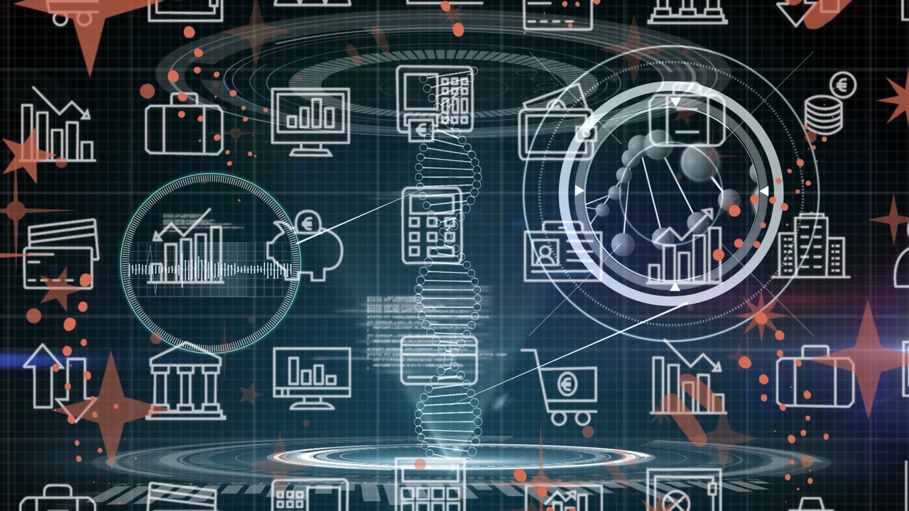 Animation of icons over dna strand and data processing on black background