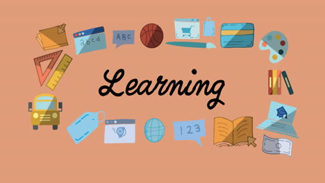 animación del texto de aprendizaje y los iconos de los artículos escolares en fondo naranja