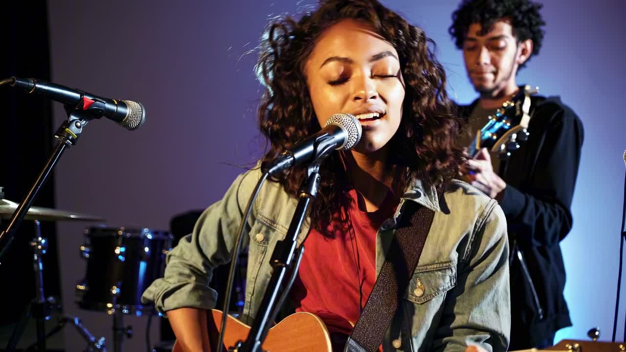 Close-up video of a musician singing and playing guitar, with a band member in the background