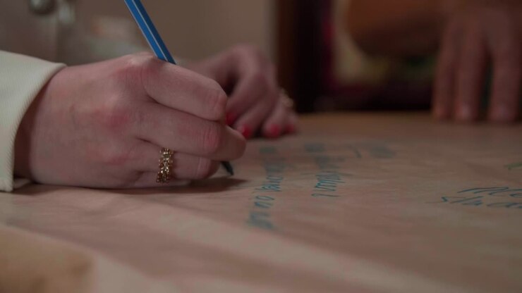 Caucasian woman in a business suite writing with a big pen on a piece of paper