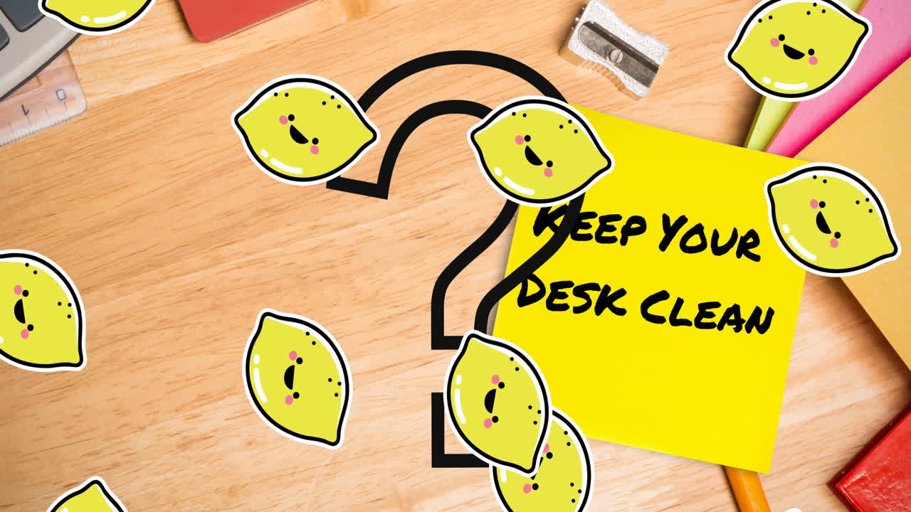 Animation of question mark and lemons over school items and keep your desk clean text