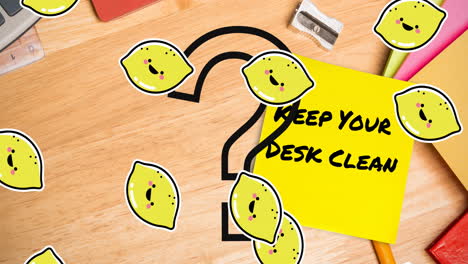 animation of question mark and lemons over school items and keep your desk clean text