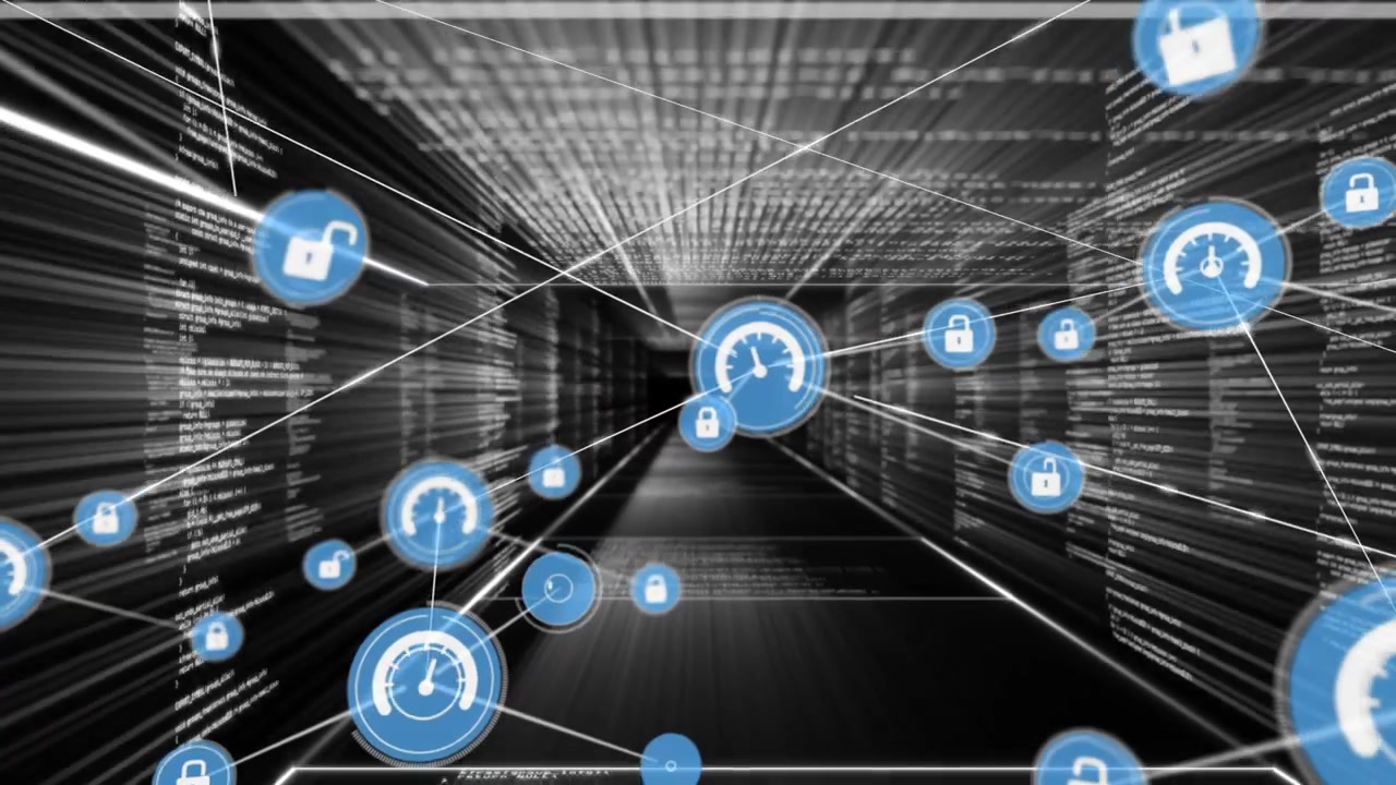 Central gauge pulsing blue cluster emitting streaks, spawning locks and meters, forming network