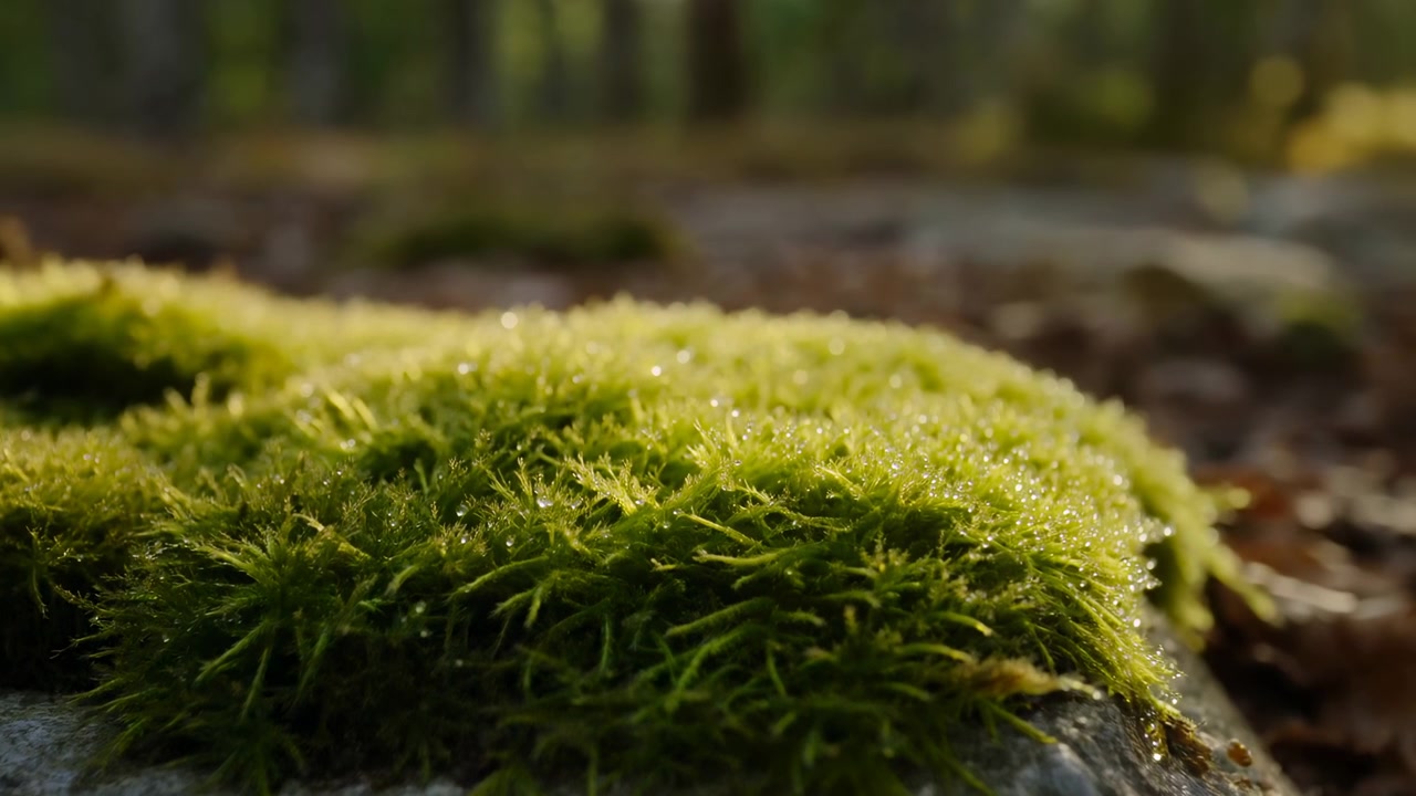 Nærbilde av en lav, avrundet stein tett dekket med lys grønn mose og dugg på en solfylt skogslysning. Varmt baklys fra øvre høyre