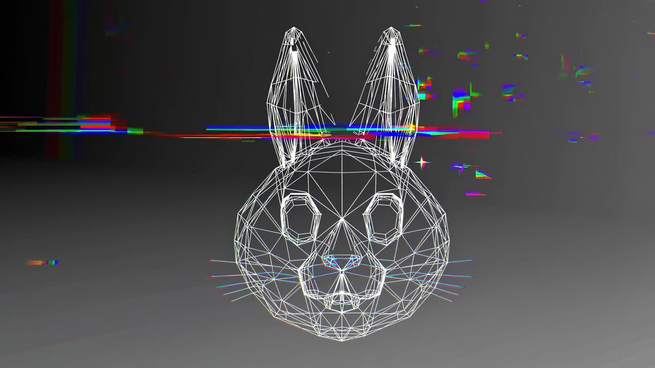 Glitch art style video frame with a front-facing camera angle, featuring abstract lines and digital