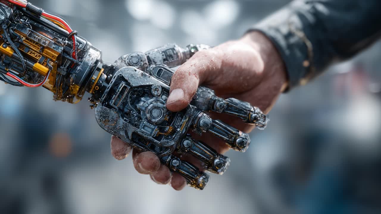 A Futuristic Encounter: Human Hand Gripping a Robotic Prosthetic in a Glimpse of Advanced Technology and Human-Robot Collaboration