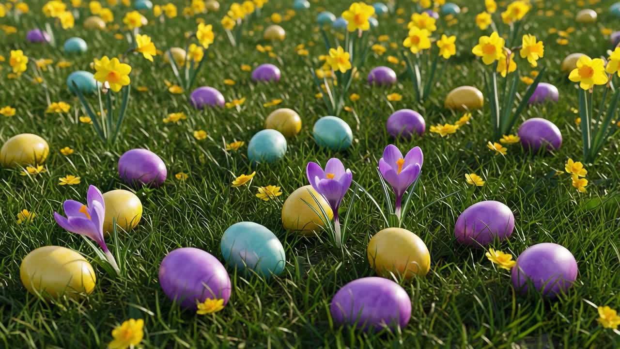 En livfull vårbild med färgglada påskägg inbäddade bland blommande påskliljor och krokusar, placerade i ett frodigt grönt gräs som speglar säsongens glädje