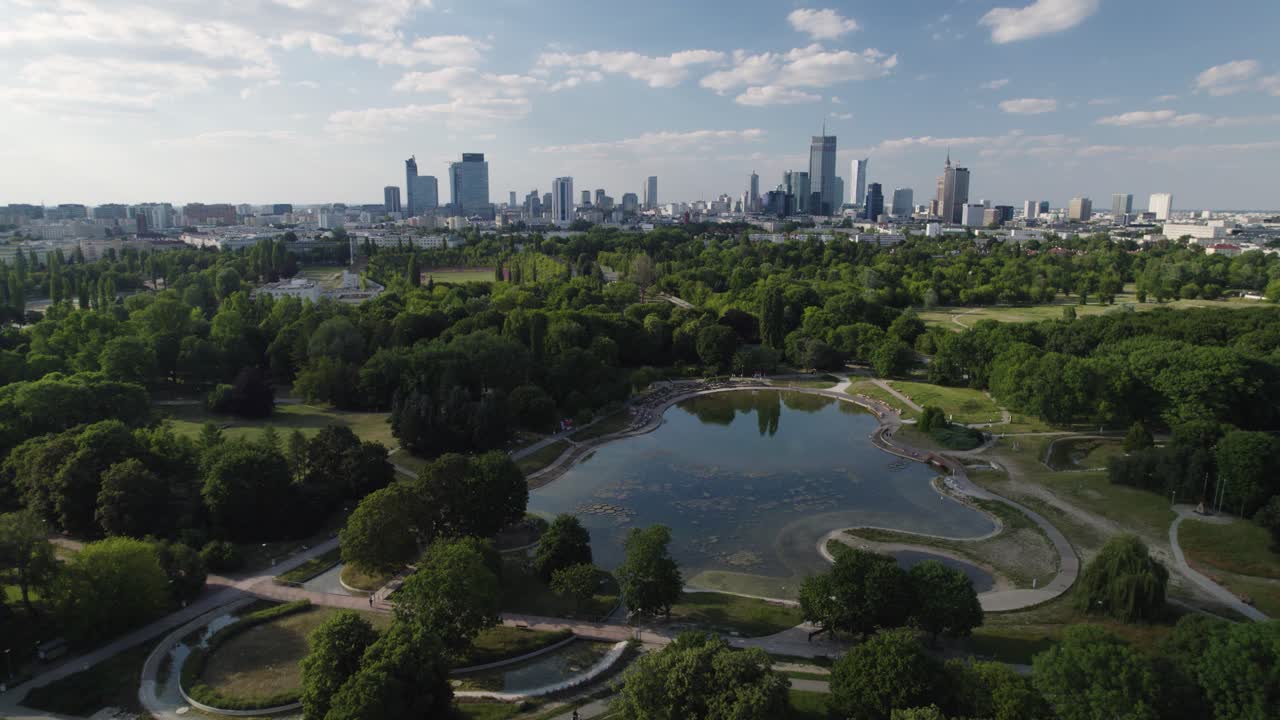 Park pond and majestic skyline of Warsaw, aerial drone view