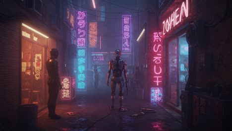 intriguing encounter in a futuristic neon alley: a robotics perspective amidst vibrant lights and urban elements in a captivating cyberpunk setting