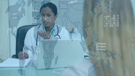 animation of data processing over biracial female doctor with female patient