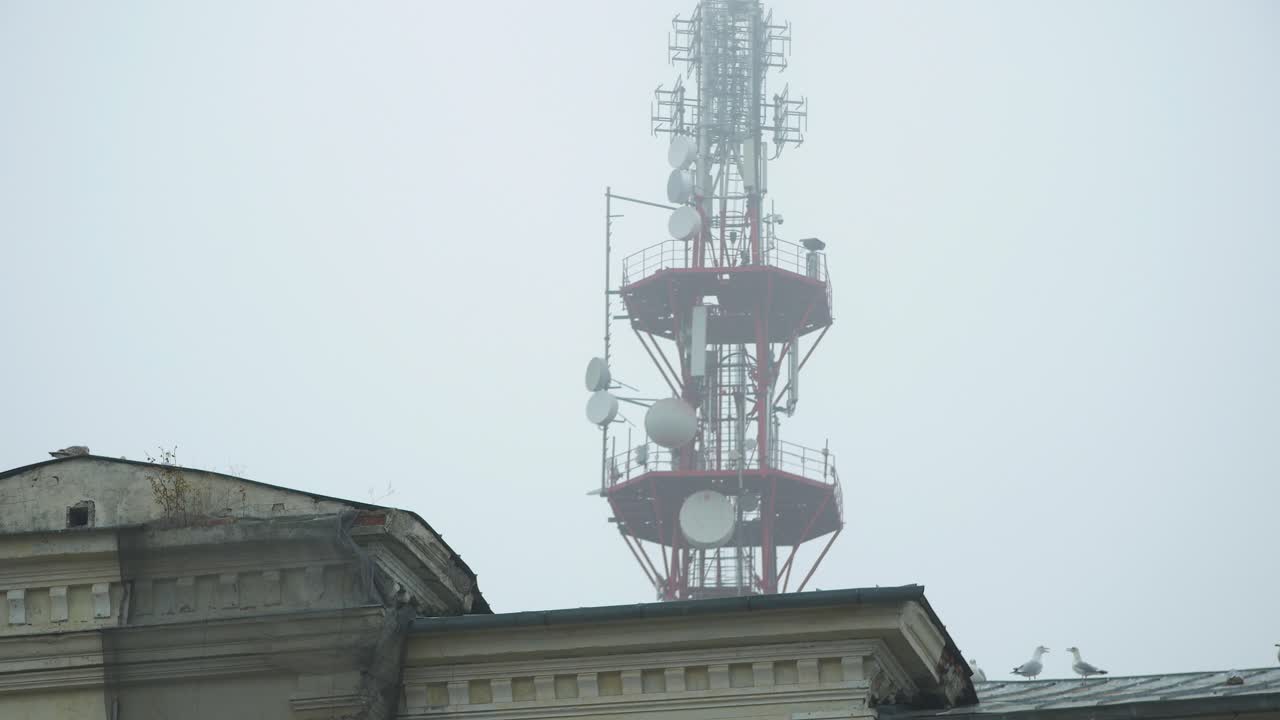 TV tower in Liepaja city in foggy day behind the abandoned house, seagulls on the roof, medium shot
