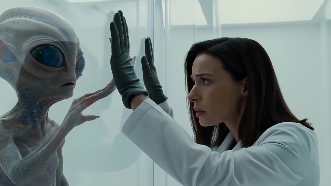 Ricercatore esamina alieno attraverso contenimento di vetro in laboratorio bianco sterile, indossando guanti e camice da laboratorio.