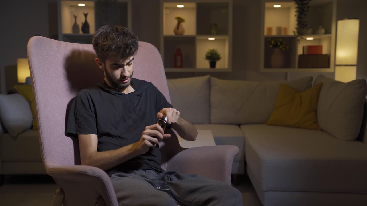 un hombre deprimido está tomando pastillas antidepresivas.