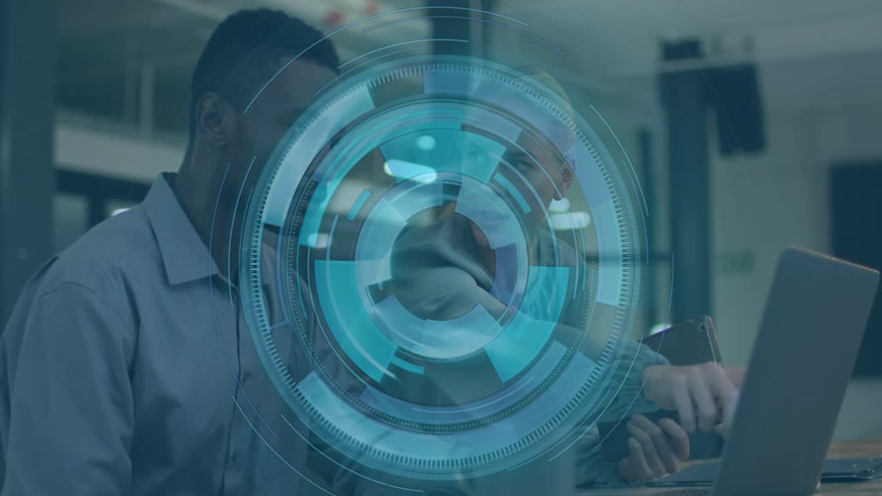 Animation of scope scanning over diverse business people in office