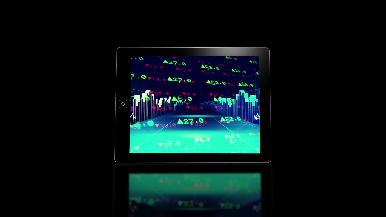 Media device screens showing stocks and shares