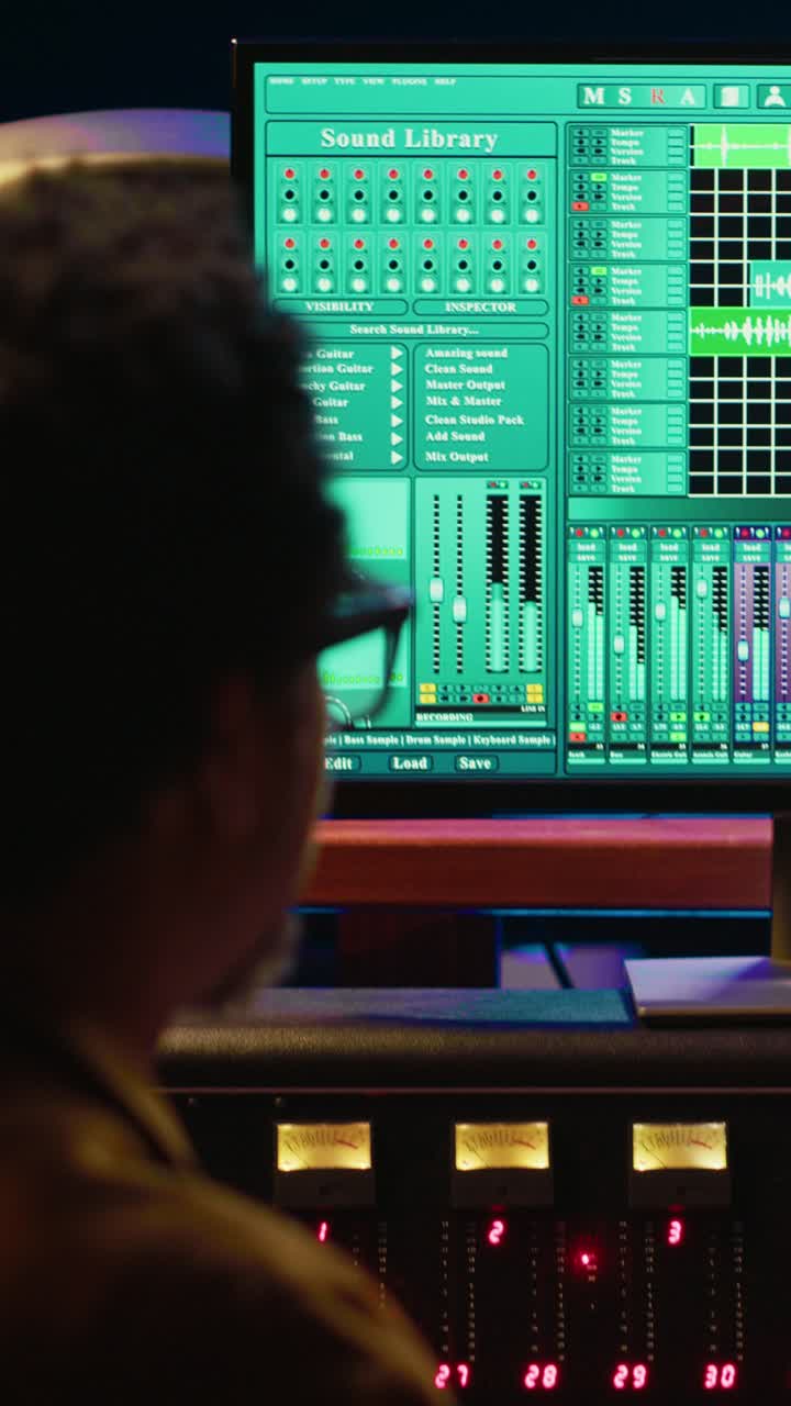 Fonico che lavora su una consolle di missaggio audio in uno studio di registrazione