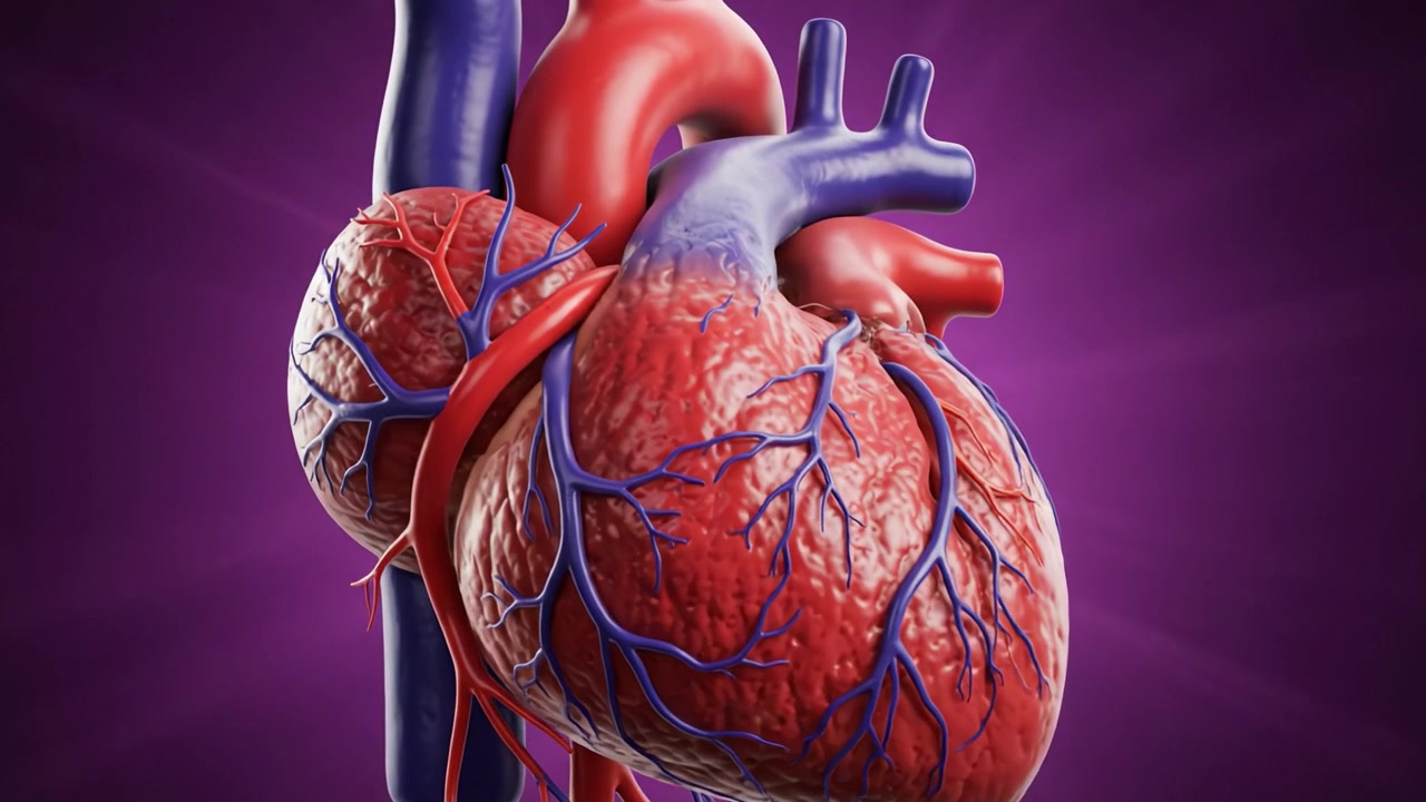 Illustrazione anatomica dettagliata del cuore, che evidenzia le sue camere, i vasi sanguigni e la struttura complessa a scopo didattico nella scienza medica.