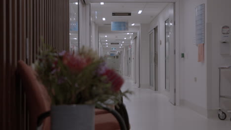 hospital ward hallway corridor with rack focus to flowers