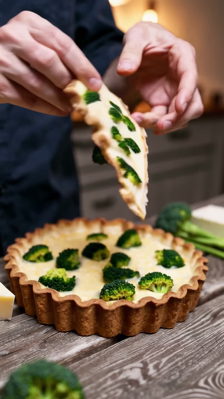 A chef presents and serves a slice of homemade broccoli quiche