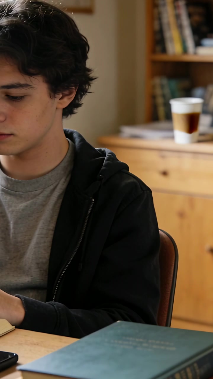 Vídeo vertical: Adolescente sentado escrevendo em escrivaninha de casa, vestindo camiseta cinza, moletom com capuz, livro verde, com espaço para texto.