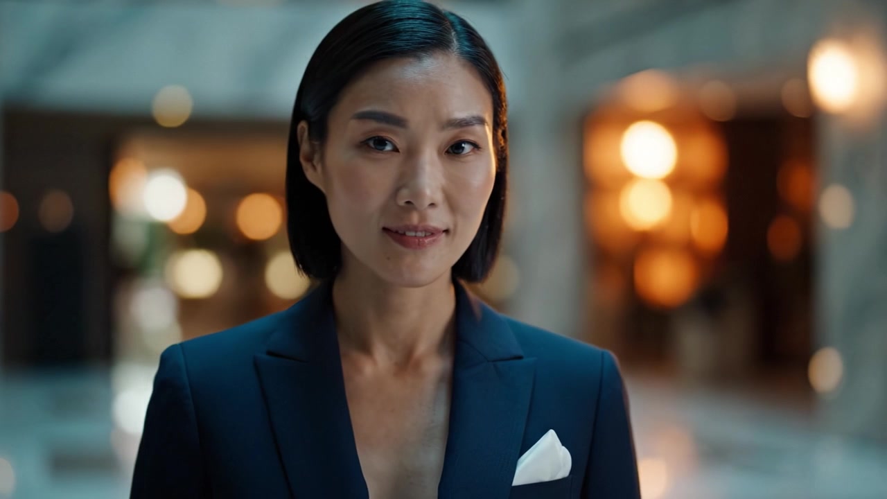 一位自信的职业女性身着时尚西装，佩戴白色方巾，在现代大堂中被捕捉，光线优雅，表情专注