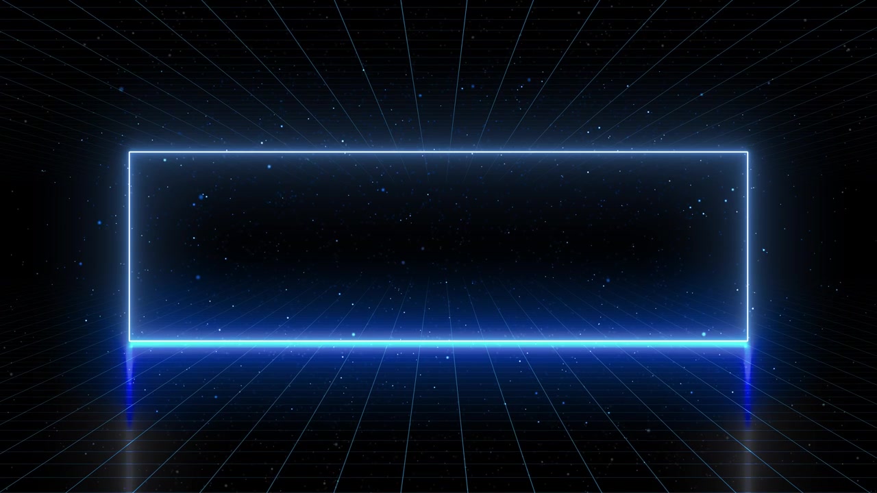 Glowing cyan grid stage visual with rectangular outline reflective floor and deep dark presentation