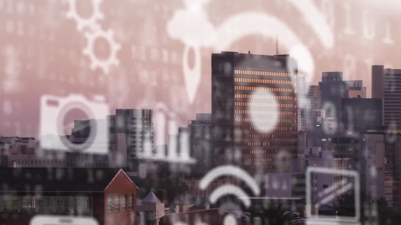 animación de iconos tecnológicos flotando sobre el paisaje urbano