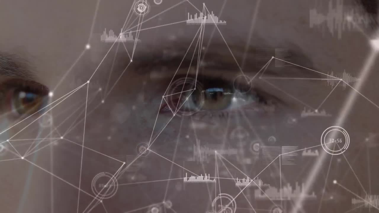 animación de los ojos de un hombre caucásico a través de una red de conexiones con iconos sociales y estadísticas