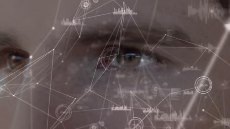 animation of eyes of a caucasian man over a web of connections with social icons and statistics