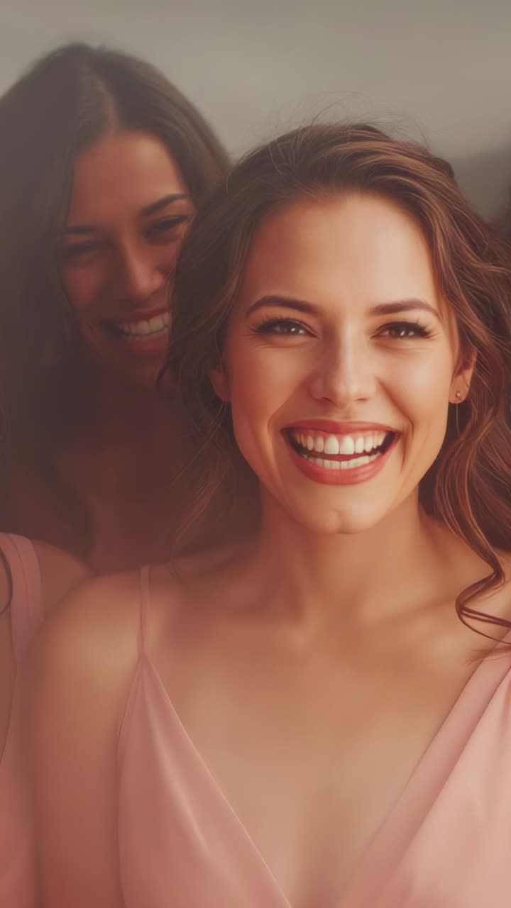 Vertical video: Smiling woman centered in pink top opening eyes and shifting in room, friend left