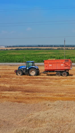 agricultural summer farming field. aerial view of tractor working in the field. vertical video