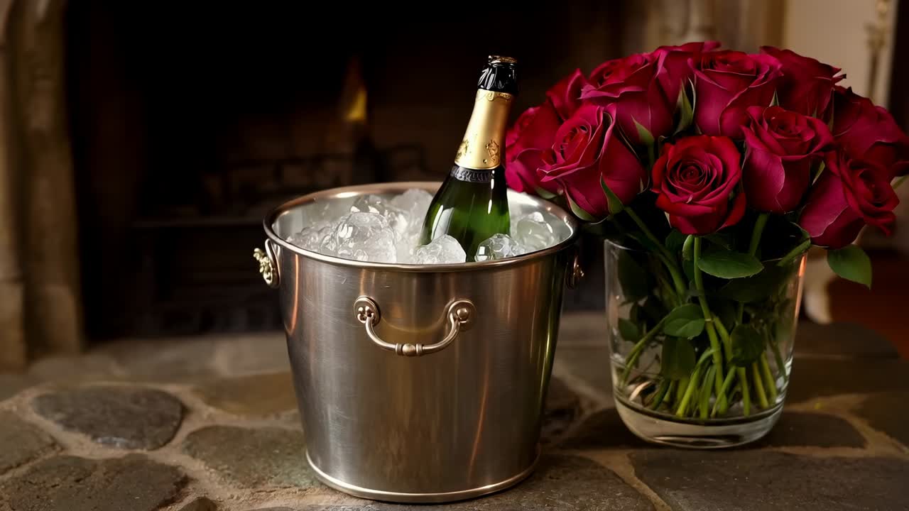 Cambio di angolazione della camera che rivela champagne in un secchiello su un focolare in pietra con ghiaccio che si scioglie e rose rosse
