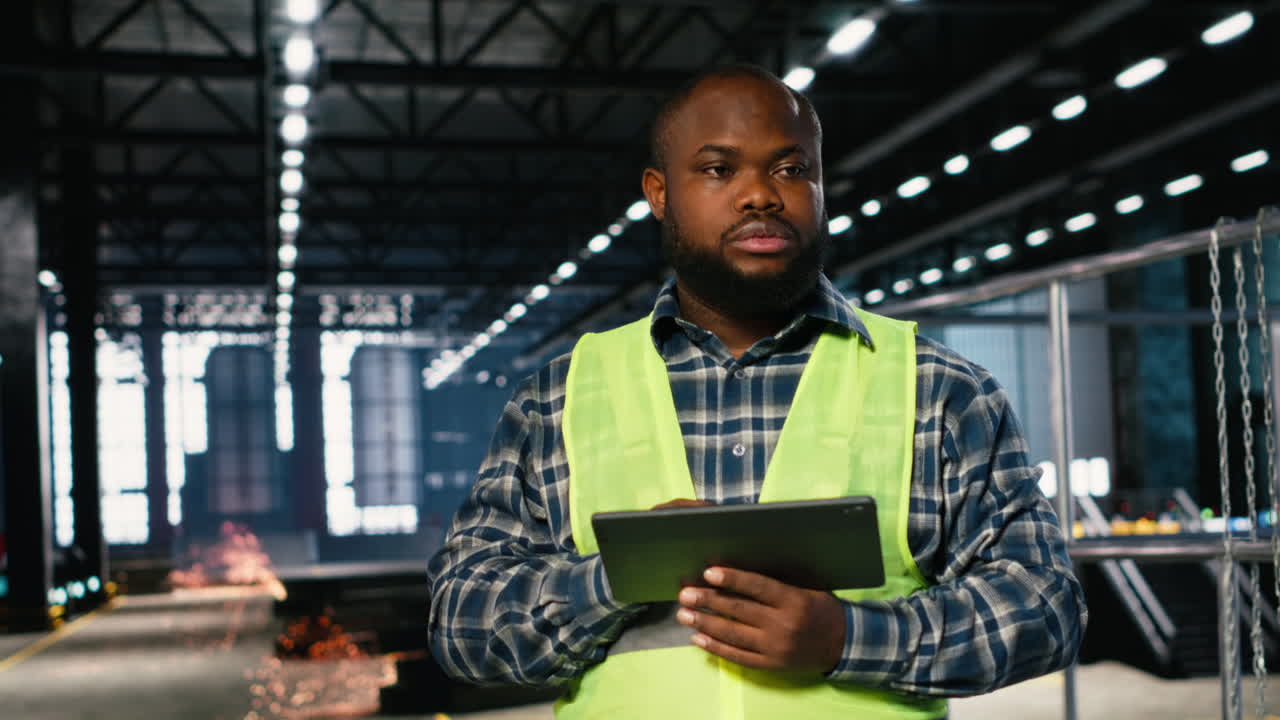Black industrial employee works beside welding sparks on the factory floor