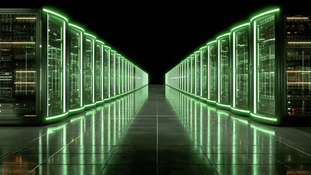 Et futuristisk datacenter med neongrønne accenter, der viser rækker af højteknologiske servere i et mørklagt miljø, og understreger teknologiens rolle i moderne databehandling