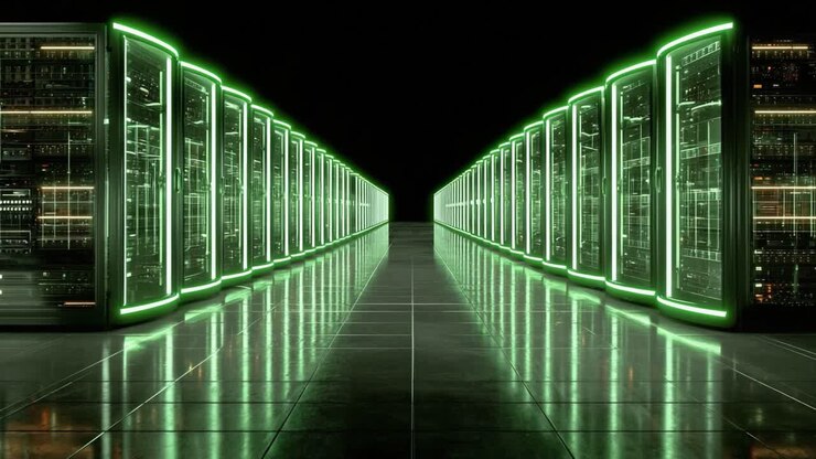 A Futuristic Data Center with Neon Green Accents Showcasing Rows of High-Tech Servers in a Darkened Environment, Emphasizing the Role of Technology in Modern Computing