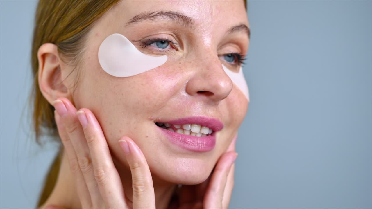 A young caucasian woman smiling with patches under her eyes. Slow motion
