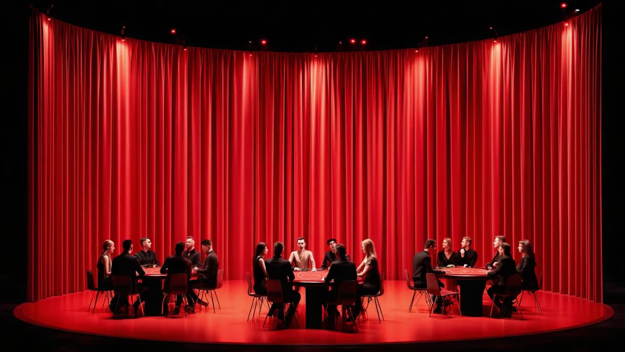 Una drammatica riunione di persone attorno a dei tavoli su un palco scarsamente illuminato, avvolto in un meraviglioso drappeggio rosso, che crea un'atmosfera di attesa e intensità