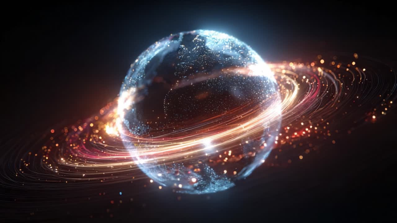 Futuristic planet Earth made of glowing particles rotating in space, with orange and red light trails representing data transfer, global communication, financial networks, and modern technology