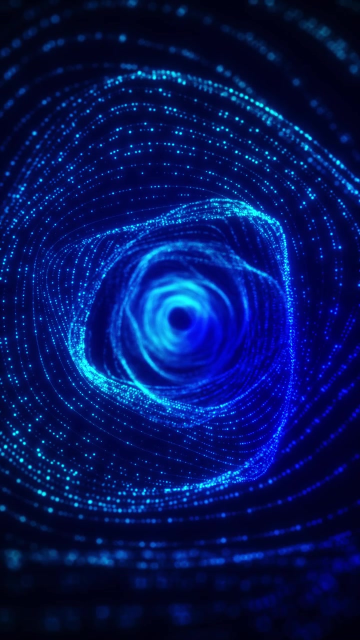 Blue particle vortex tunnel background glowing spiral dots deep center portal and futuristic energy