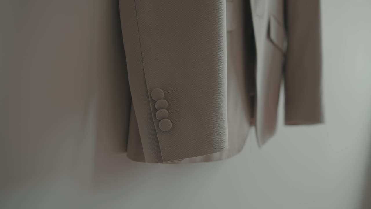 Closeup of a beige suit jacket hanging neatly in a bright minimalist interior