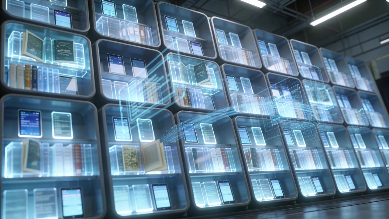Responding to system signal, modular cube shelving forming book holograms in tech archive