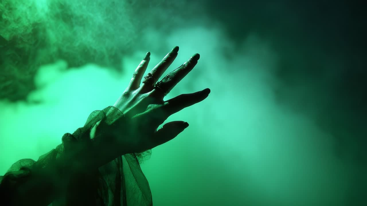 A Mysterious Hand Emerges from Enigmatic Green Smoke, Evoking Intrigue and a Sense of the Supernatural in a Captivating Atmosphere of Enchantment