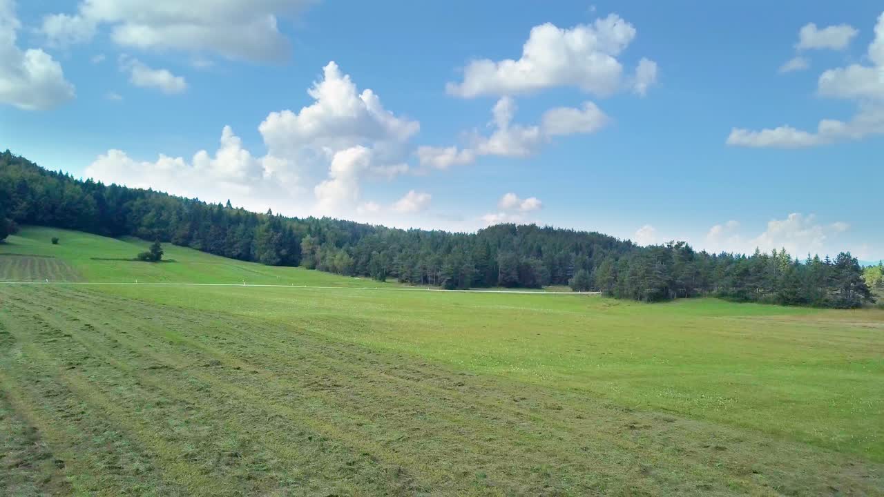 densos bosques rodean prados verdes que cubren colinas y campos bajo un cielo azul en cerknica, eslovenia