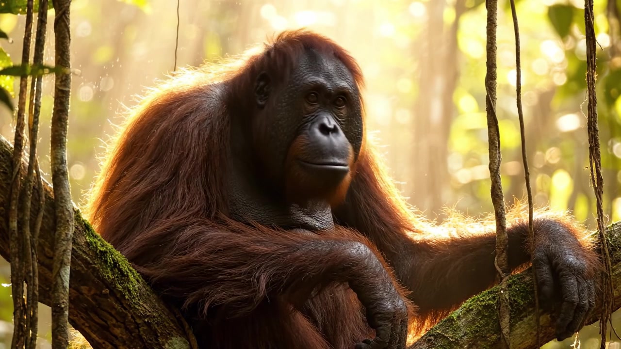 Orango maestoso: un incontro ravvicinato con il gigante gentile della natura in un lussureggiante ambiente di foresta pluviale, che cattura la bellezza e la serenità della fauna selvatica