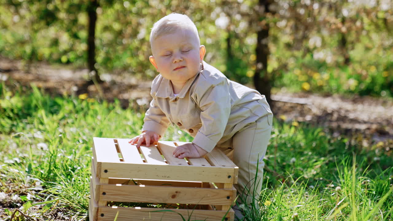 Lovely serious blond baby boy stands leaning on the wooden crate. Cute Caucasian child outdoors in spring.
