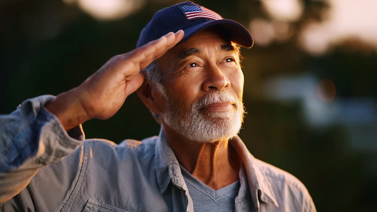 A Proud Elderly Man in a Vintage Cap Saluting with Respect, Embodying Patriotism and Reflection Against a Warm Golden Sunset Background, Showcasing a Moment of Honor and Gratefulness