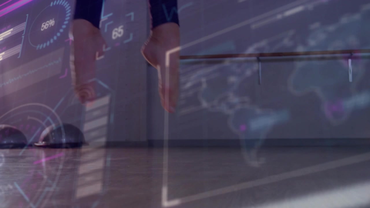 Dancer training barre footwork, crossing ankles, rising releve and landing as HUD gauges cover legs