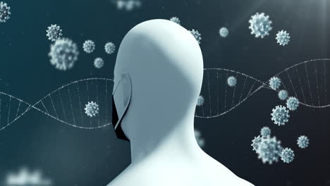 adn y bacterias de coronavirus volando sobre el hombre que lleva la máscara.