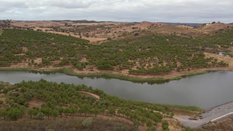 Aerial-orbiting-over-water-reservoir-in-Rural-landscape,-lagoon-in-Alentejo